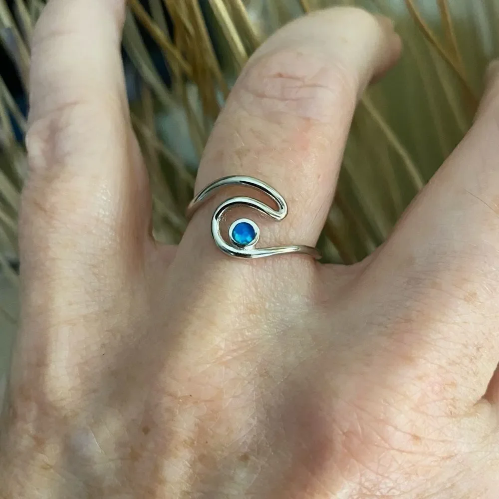 Sterling Silver Lab Opal Wave Ring - Picture 1 of 4
